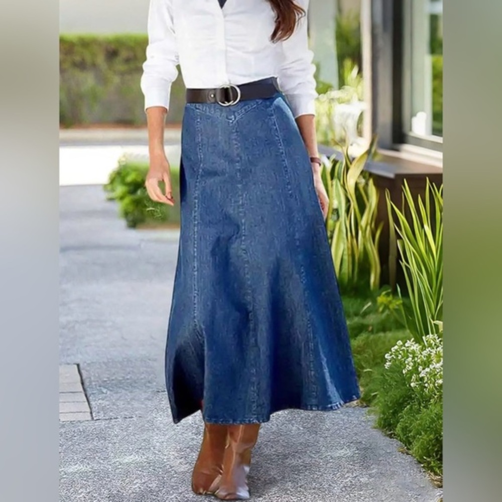 Long Denim Skirt for Women High Waisted Vintage Pleated Flowy Swing A-line Maxi